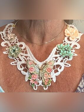 Delicate Pastel Butterfly Statement Necklace - Peach & Green
